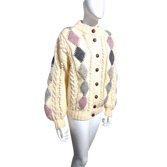 Vtg Standun Womens L Hand Knit Chunky Wool Ireland Fisherman Grandpa Sweater - Picture 1 of 12